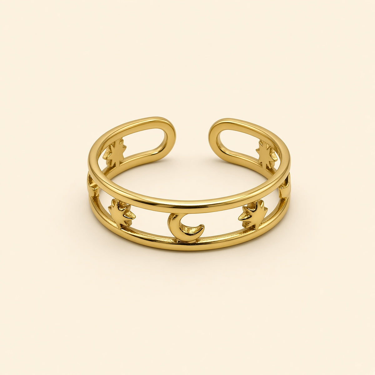Bague ajustable Tani dorée — vue de face, étoiles et lunes